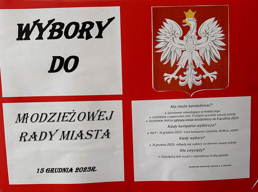 Plakat informującyc o wyborach do Młodzieżowej Rady Miasta Kołobrzeg