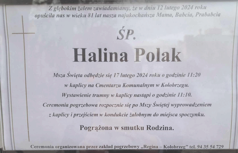 Nekrolog informujący o śmierci Haliny Polak