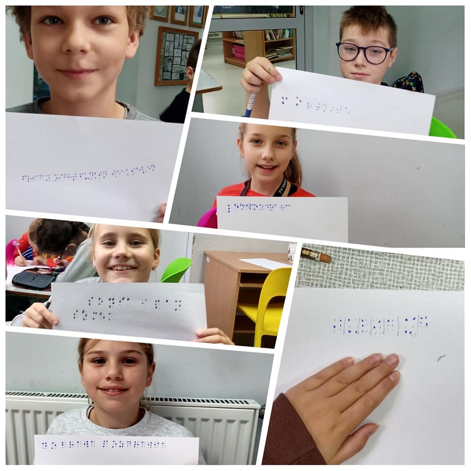 uczniowie poznają alfabet Braille'a - kolaż zdjęć