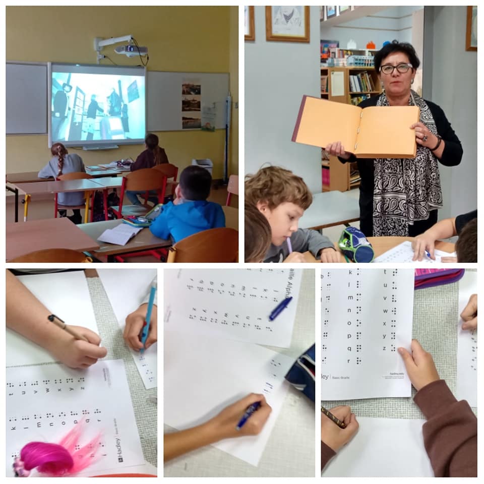 uczniowie poznają alfabet Braille'a - kolaż zdjęć