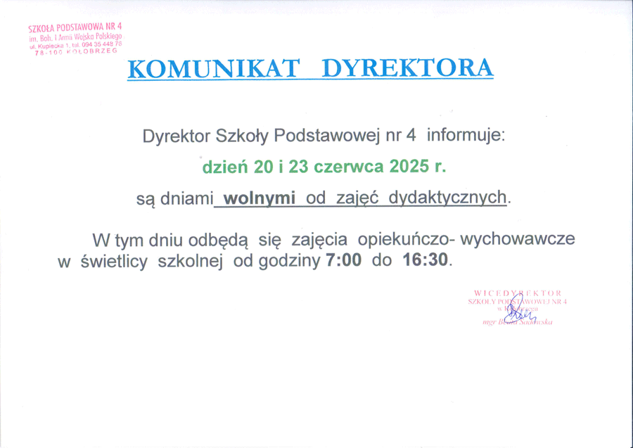 Treść komunikatu dyrektora o dniach wolnych