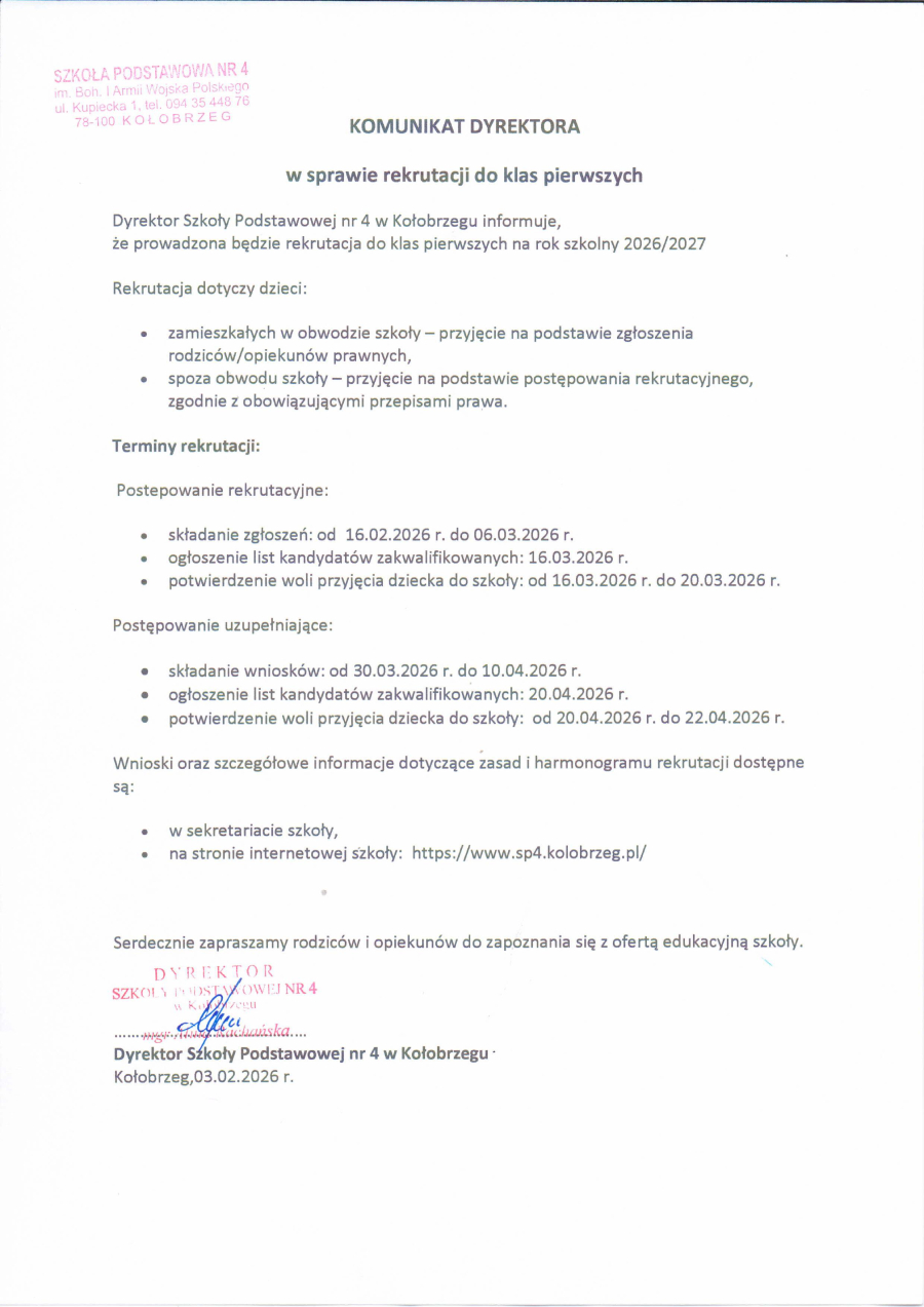 Komunikat dyrektora w sprawie naboru do kl. 1